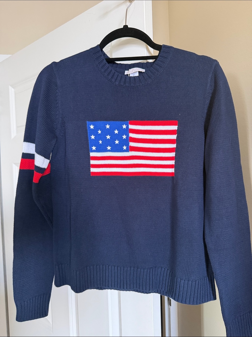 The Beaufort Bonnet Company Navy Crewneck Sweater with Americana Flag